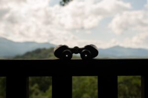 binoculars on deck railing looking out onto mountains and sky