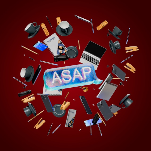 Computers, phones, coffee mugs, and more surrounding a text bubble saying "ASAP" on a red background