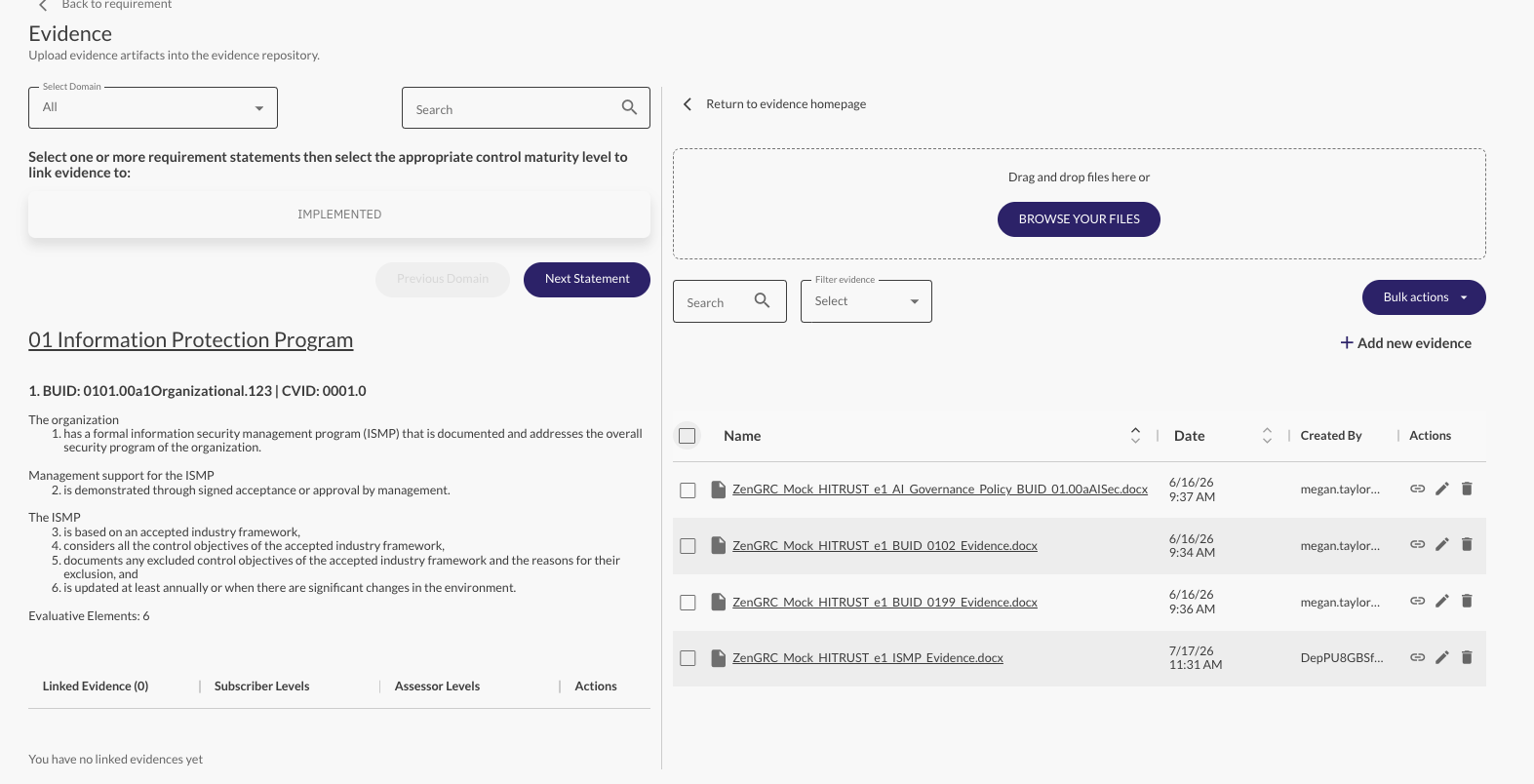 HITRUST MyCSF evidence view showing evidence attachments pulled in from ZenGRC and linked to requirement statements